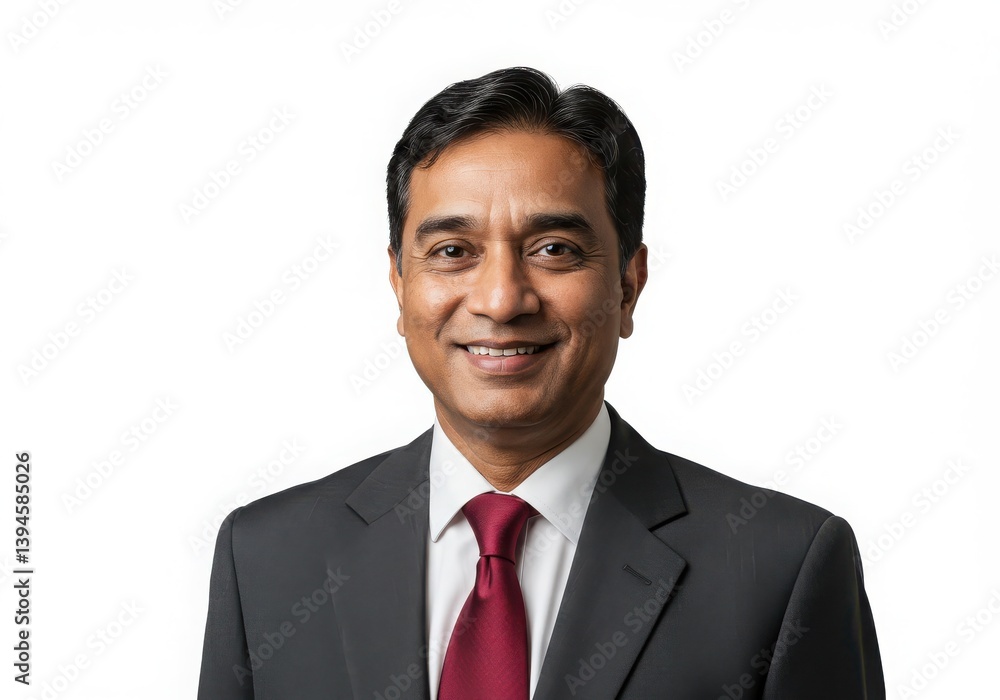 A portrait of a smiling man in a suit and tie against a plain white studio background looking forward A portrait of a smiling man in a suit and tie against a plain white studio background looking forward