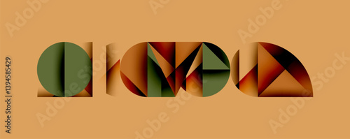Abstract geometric shapes form word OKNA. Brown, green hues dominate composition. Minimalist design, flat layers create depth. Warm color palette, modern aesthetic.