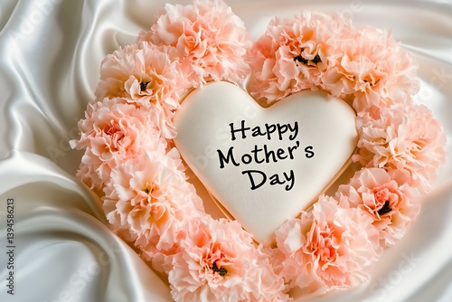 A romantic "Happy Mother's Day" message on a silk paper tag, encased in a heart-shaped arrangement of soft pink carnations on a white silk surface.