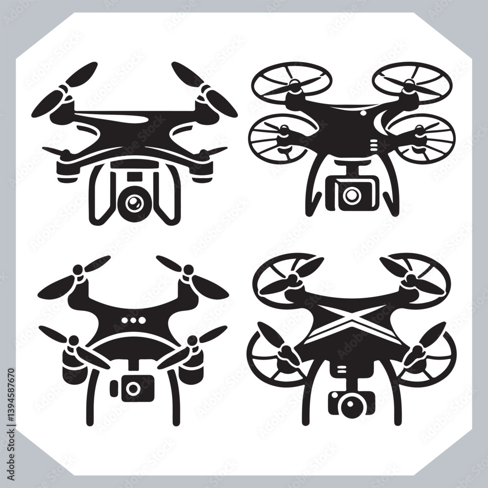 Drone Outline Icon Set with Stylish Silhouettes in Various Shapes