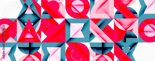 Abstract geometric pattern. Shapes overlap, creating dynamic composition. Pink, blue hues dominate design. Modern, bold visual style. Clean lines define forms.