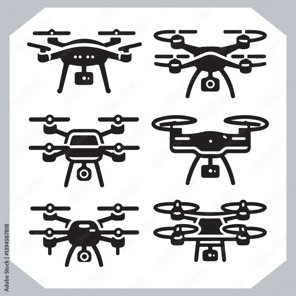 Drone Outline Icon Set with Stylish Silhouettes in Various Shapes