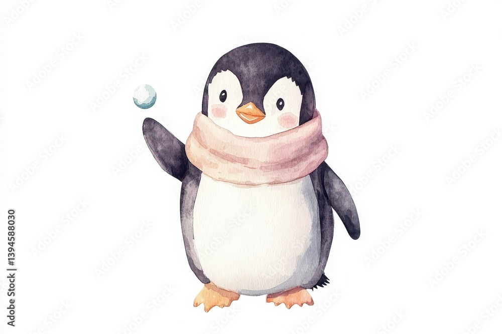 Fototapeta premium Penguin playing with snowball arctic scene watercolor art cute animal illustration cheerful concept