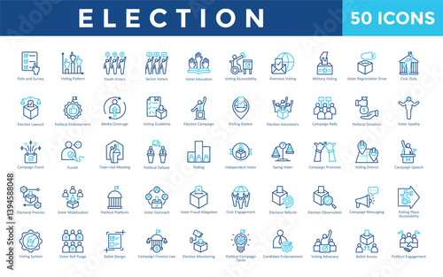 Election icons set with polls and survey, voting pattern, youth voters, senior voters, voter education, voting accessibility, overseas voting, military voting icon. Simple outline color vector 
