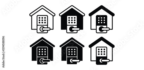 Smart Lock House Icons Black and White Minimalist Digital Keypad Home Security System Vector Graphics Design