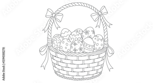 Ornate Easter Basket Line Art Filled Generously With Big Decorated Holiday Eggs High Quality Outline Design