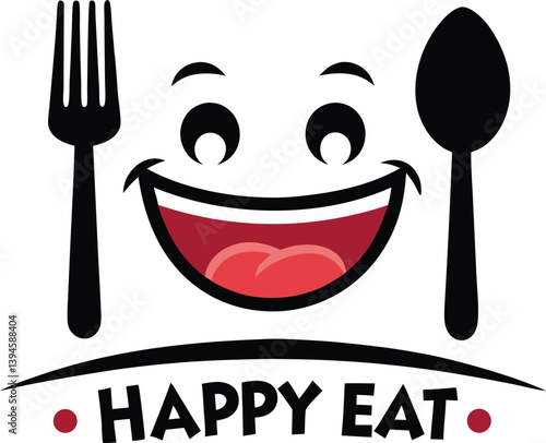 Illustration smiling face logo with spoon, fork and 'HAPPY EAT' text