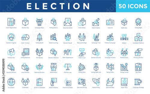Election icons set with voter registration, election day, campaign rally, polling station, absentee ballot, early voting, mail in ballot, voter id, ballot box icon. Simple outline color vector 

