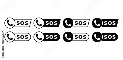 SOS Emergency Call Button Icons Black White Color Vector Design Set