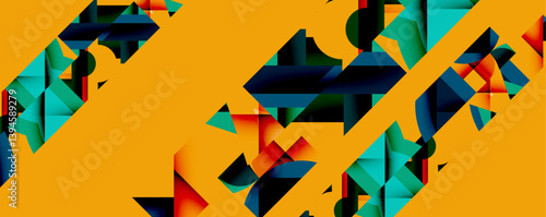 Abstract geometric shapes overlap vibrant orange background. Angular forms create dynamic composition, utilizing teal, navy, red hues. Modern design evokes energy, movement.