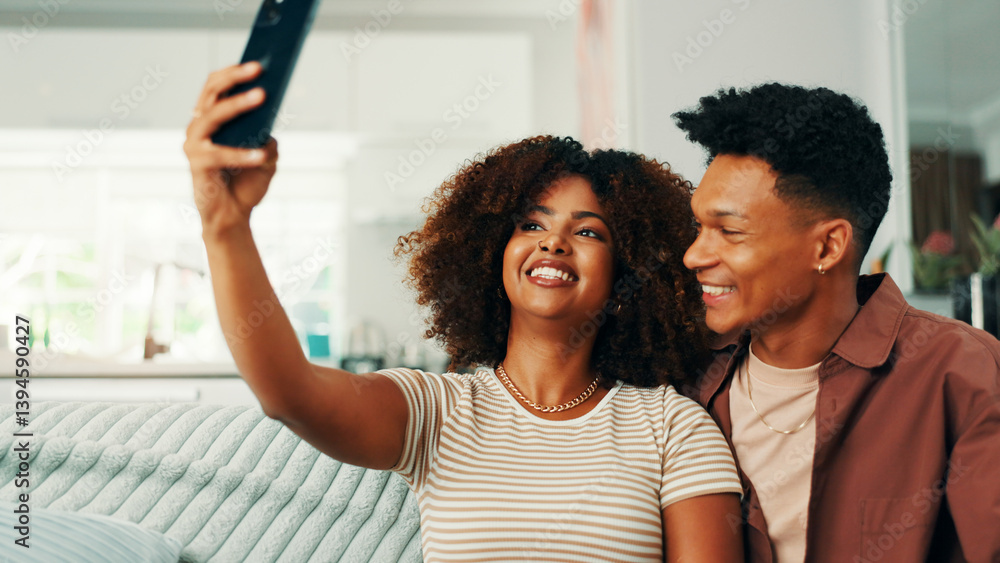 Obraz premium Love, relax and selfie with couple on sofa in living room of home together for memories. Bonding, photograph and smile with people in apartment for social media or profile picture update on weekend