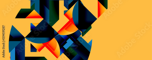 Abstract geometric composition. Bold shapes overlap, creating dynamic visual interest. Orange, blue, black hues dominate design. Minimalist aesthetic, modern feel.
