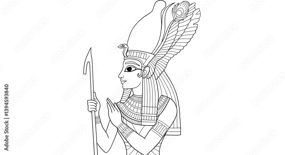 Fototapeta premium Anuket Goddess of the Nile Coloring Page Ancient Egyptian Deity Water Fertility Headdress Line Art Illustration