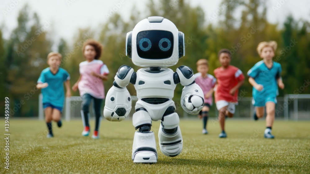 Fototapeta premium A playful robot leads children running on a soccer field, blending AI and youthful energy.