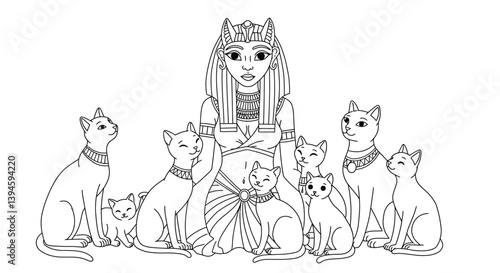 Egyptian Goddess Bastet with Cats Coloring Sheet Feline Deity Surrounded by Kittens Mythology Line Drawing