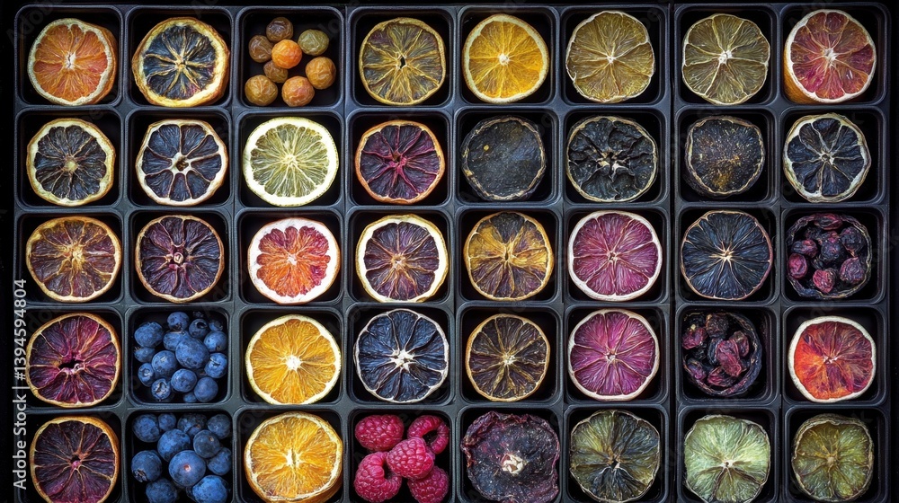 Bold and bright dried citrus and berry slices arranged in a grid Bold and bright dried citrus and berry slices arranged in a grid