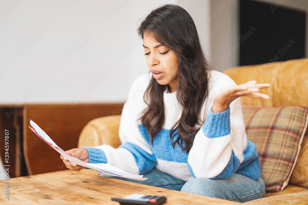 Woman sitting on a couch reading documents while expressing frustration during a phone call at home Woman sitting on a couch reading documents while expressing frustration during a phone call at home