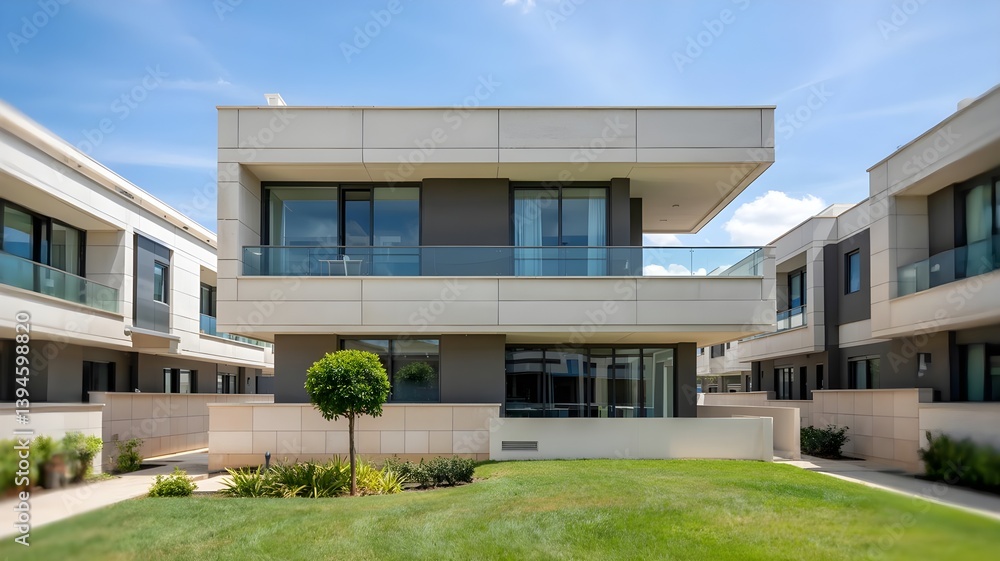 Modern Residential Building with Glass Balconies and Green Lawn Modern Residential Building with Glass Balconies and Green Lawn