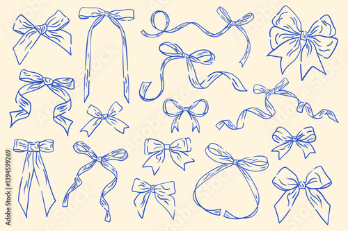 Set vintage coquette bows. Bow and ribbon for wedding, birthday, gift, christmas cards, poster, frames. Hand drawn sketch vector elements. Doodle bows. 