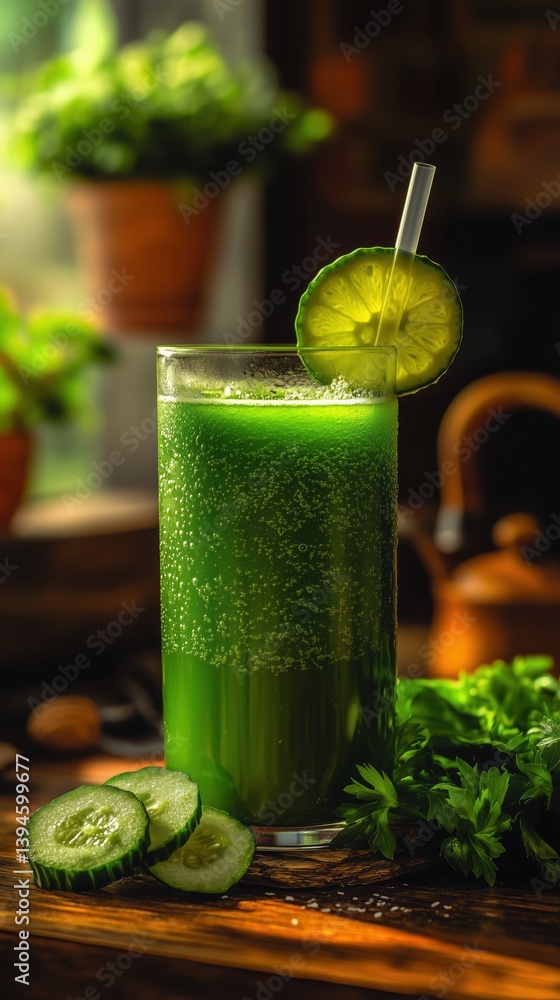 A tall glass of bright green detox juice made with cucumber, celery and lime is placed on a rustic wooden table with fresh ingredients. A tall glass of bright green detox juice made with cucumber, celery and lime is placed on a rustic wooden table with fresh ingredients.