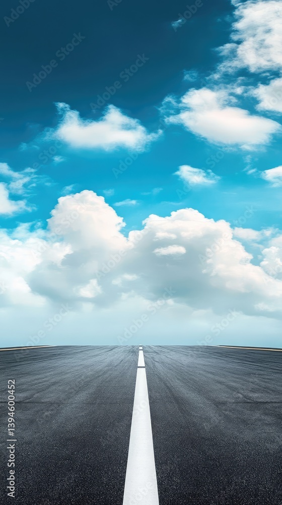 Fototapeta premium Empty runway stretches into a vast, vibrant sky. A single white line divides the asphalt
