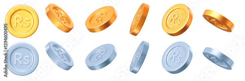 3d set golden and silver Rupee Pakistan coin with different angles. RS icon. Stock vector illustration on isolated background.	