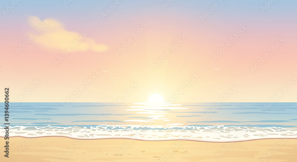 Fototapeta premium Serene Sunset Beach Scene Tranquil Ocean Waves on Sandy Shore at Dusk