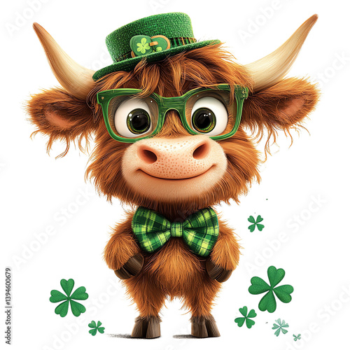 Adorable Highland Cow in a Green Hat and Glasses, celebrating St. Patricks Day with shamrocks