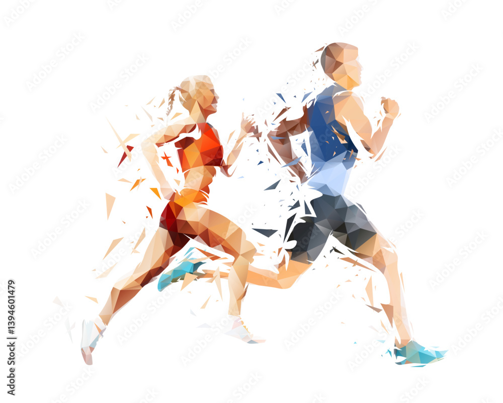 Run, running people - man and woman, low poly isolated vector sports illustration, side view. Track and field athletes