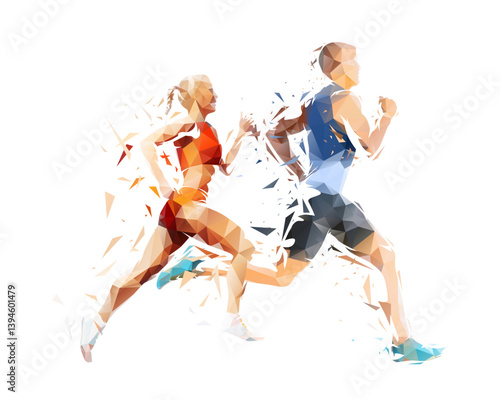 Obraz na płótnie Run, running people - man and woman, low poly isolated vector sports illustration, side view. Track and field athletes w salonie