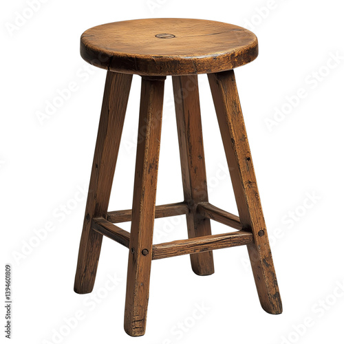 A weathered wooden stool stands against a black background, showcasing its rustic charm and aged texture.