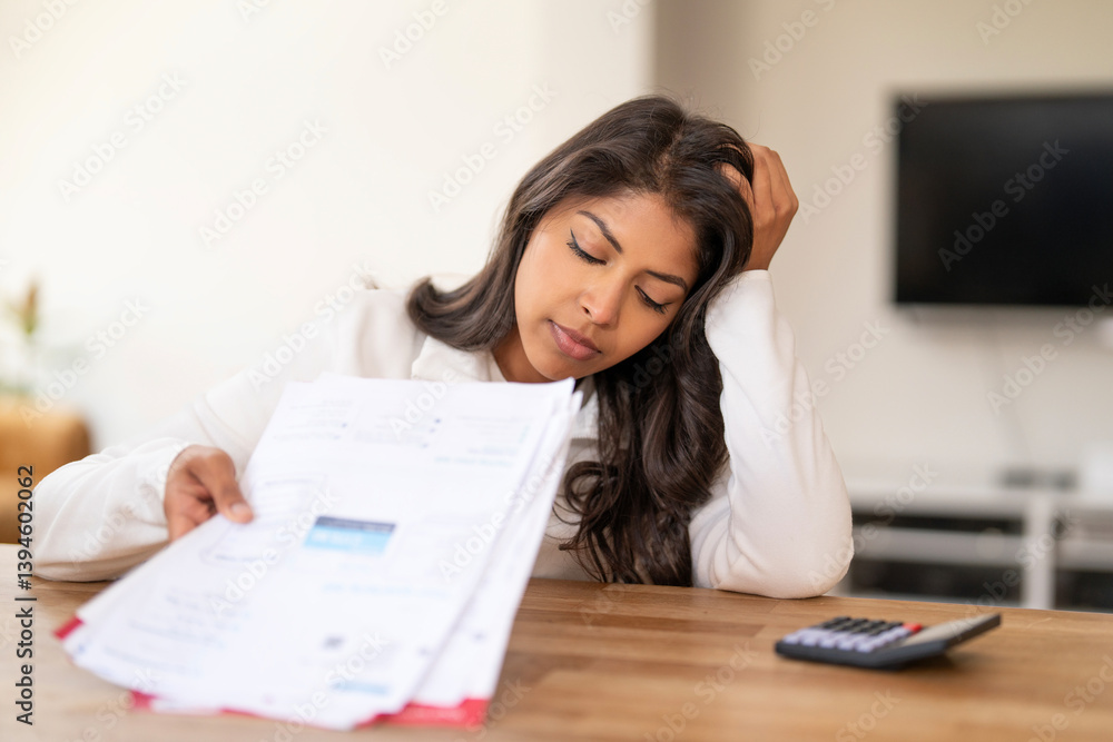 Woman sitting at a table feeling overwhelmed while reviewing stacks of paperwork in a contemporary living room during the day Woman sitting at a table feeling overwhelmed while reviewing stacks of paperwork in a contemporary living room during the day