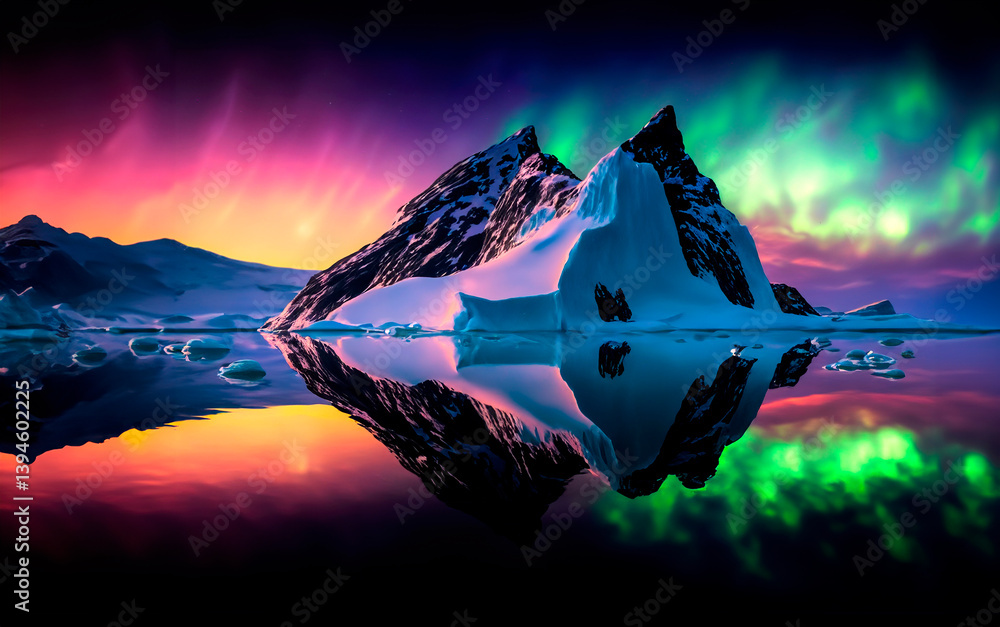 Drifting iceberg under a glowing aurora borealis,Generated image Generated image