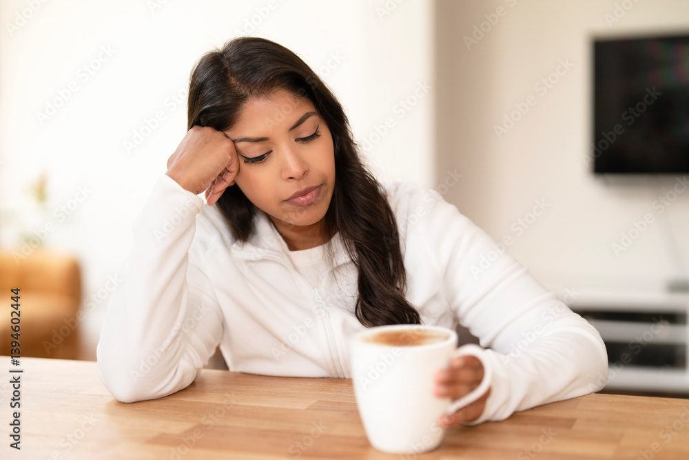 Woman in white shirt thoughtfully enjoying a warm beverage while sitting at a wooden table in a cozy indoor setting during the afternoon Woman in white shirt thoughtfully enjoying a warm beverage while sitting at a wooden table in a cozy indoor setting during the afternoon