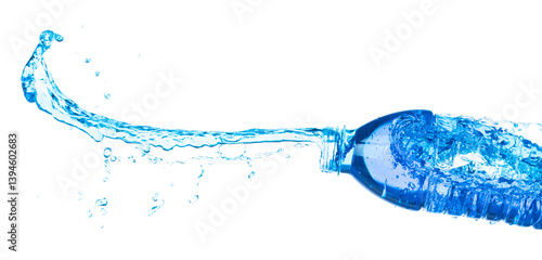 Drinking Water in Plastic Bottle fall fly in mid air, fresh water plastic bottle floating explosion. Fresh water plastic bottles pour throw in air. White background isolated freeze motion high speed