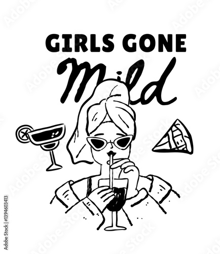 Bachelorette and bridesmaids tshirt print design, hand drawn outline illustration isolated