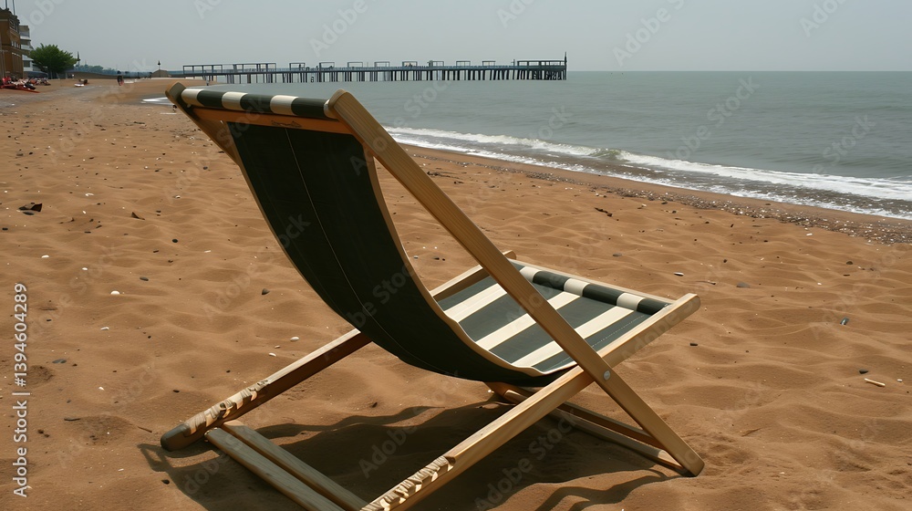 Fototapeta premium A striped beach chair sits on the sandy shore, facing the ocean.