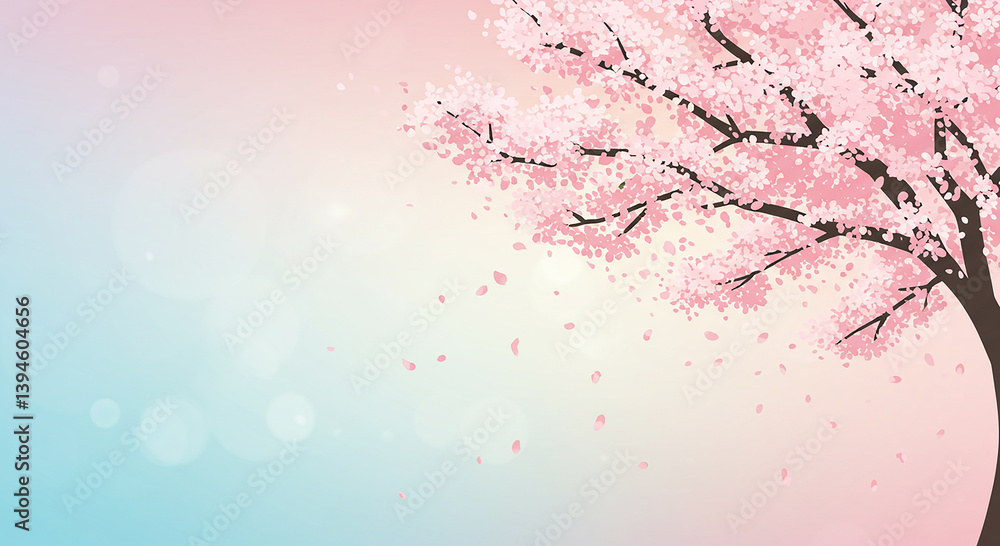 Naklejka premium Serene Pink Cherry Blossom Tree Branch Soft Pastel Background Spring Blossoms Falling Petals