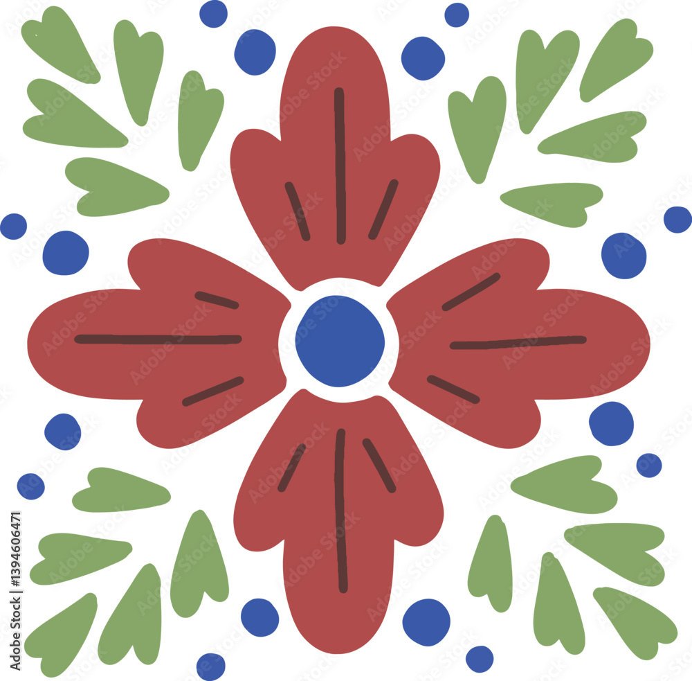 Obraz premium Floral design with red flower and green leaves