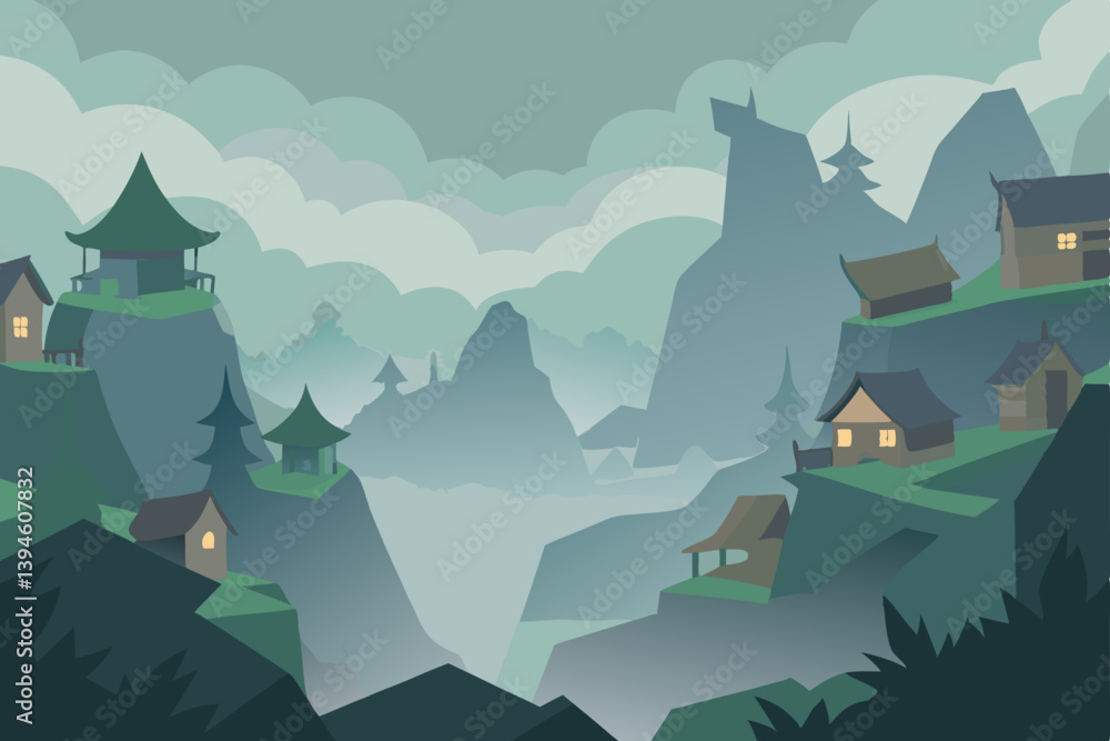 vector illustration of castle in mountains