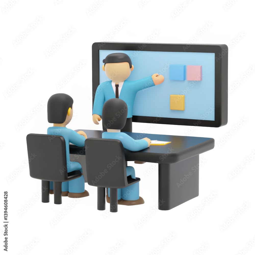 Business consultant providing expert advice to a group of professionals at a desk with computer screen displaying data Business consultant providing expert advice to a group of professionals at a desk with computer screen displaying data