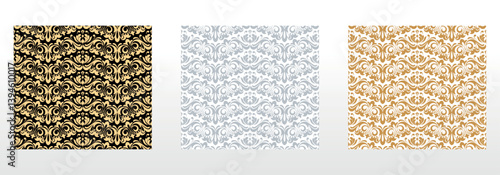 Wallpapers in the style of Baroque. Seamless vector backgrounds. Set of colored floral ornaments. Graphic patterns for fabric, wallpaper, packaging. Ornate Damask flower ornaments