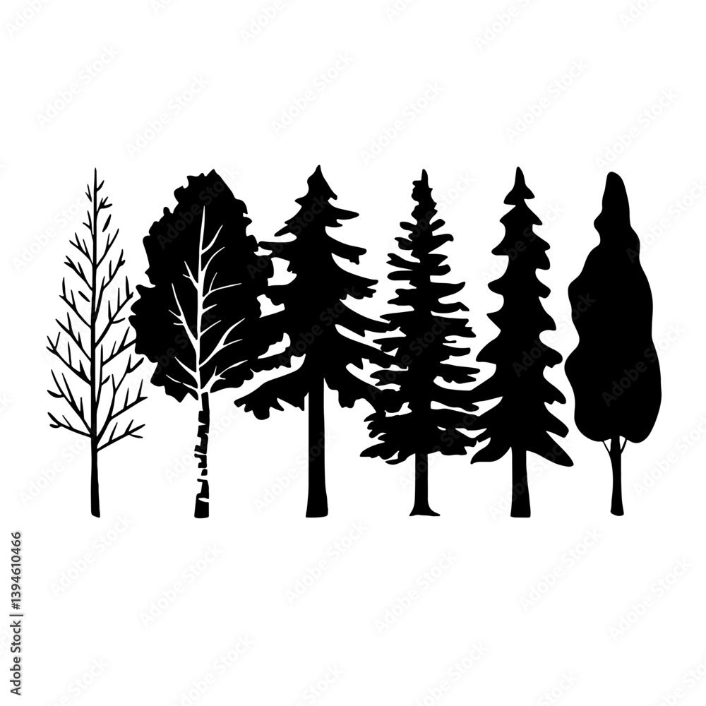 Fototapeta premium Silhouettes of pine and deciduous trees, cedar, spruce, birch. Vector black illustration about plants of different shapes