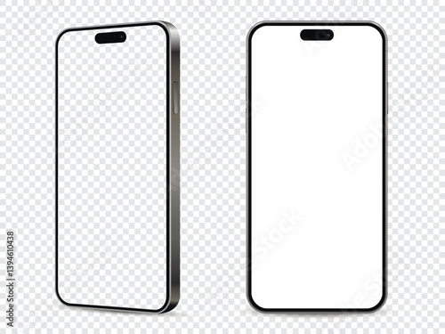 Realistic smartphone mockup. Front and side view with white and empty screen on transparent background.