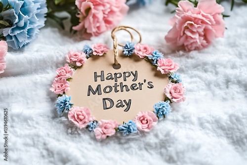 A paper tag reading "Happy Mother's Day" in a modern font, encircled by pastel pink and blue carnations on a snowy white cloth.