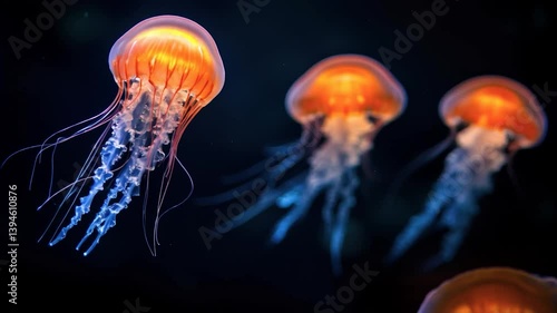 Glowing bioluminescent jellyfish drifting gracefully in dark ocean depths