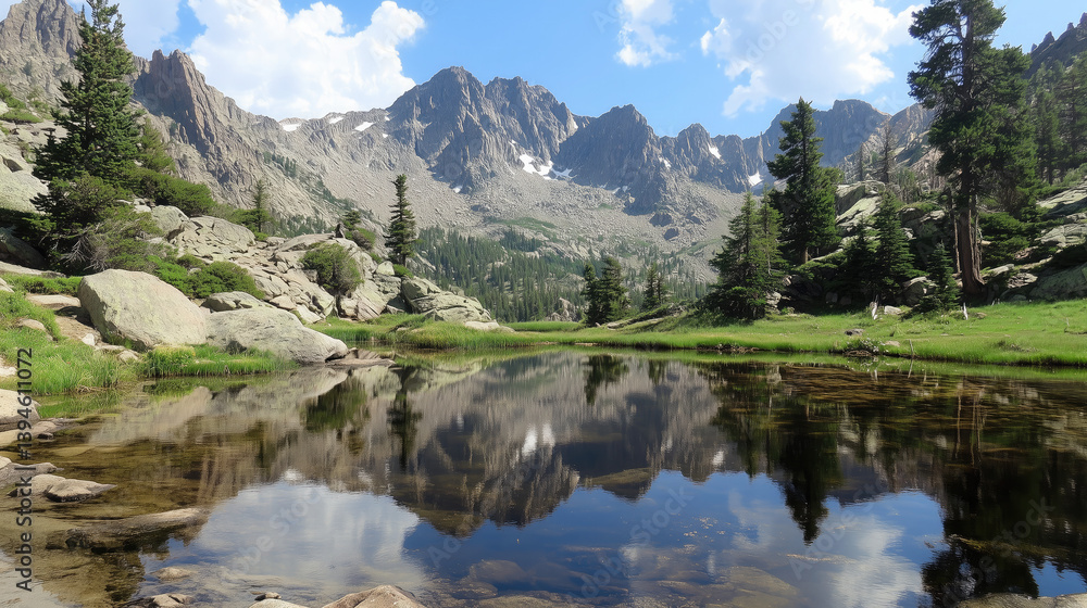 Serene mountain lake reflecting majestic peaks under a bright sky, showcasing a tranquil alpine landscape with pristine waters. Serene mountain lake reflecting majestic peaks under a bright sky, showcasing a tranquil alpine landscape with pristine waters.