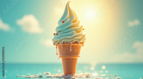 Soft serve ice cream cone melting under the summer sun by the sea