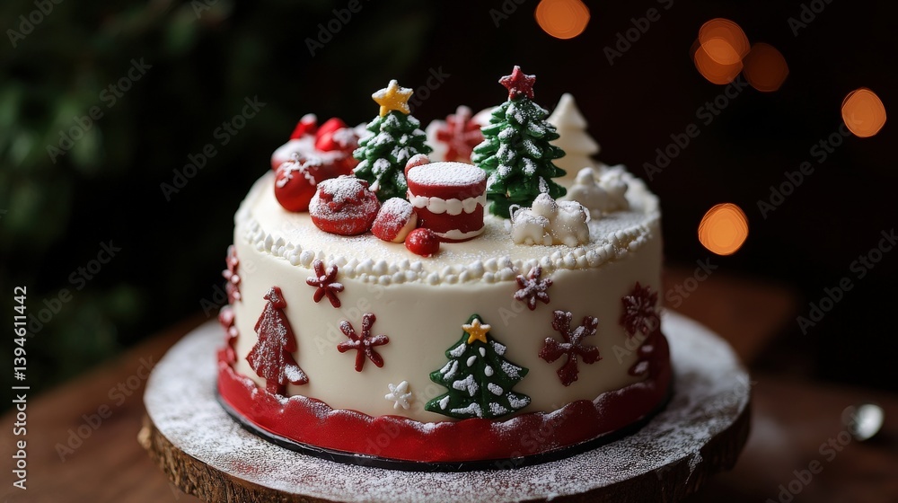 A Decorated Christmas Cake Beautifully Presented On A Wooden Plate A Decorated Christmas Cake Beautifully Presented On A Wooden Plate