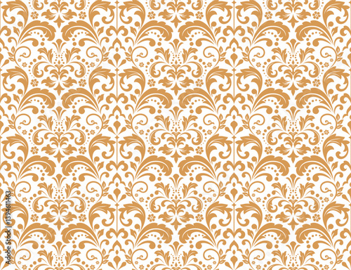 Wallpaper in the style of Baroque. Seamless vector background. White and golden floral ornament. Graphic pattern for fabric, wallpaper, packaging. Ornate Damask flower ornament